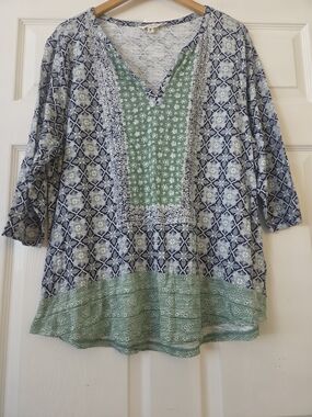 Lucky Brand Blue and Green Printed V-Neck Tunic with Mixed Prints